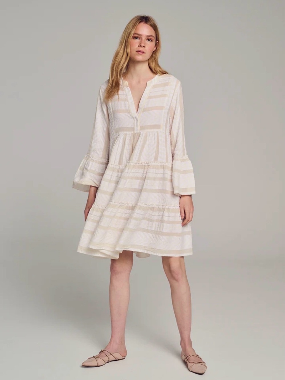 Devotion TWINS Ella Embroidered Tiered Tunic Mini Dress Ecru Khaki Boho XS